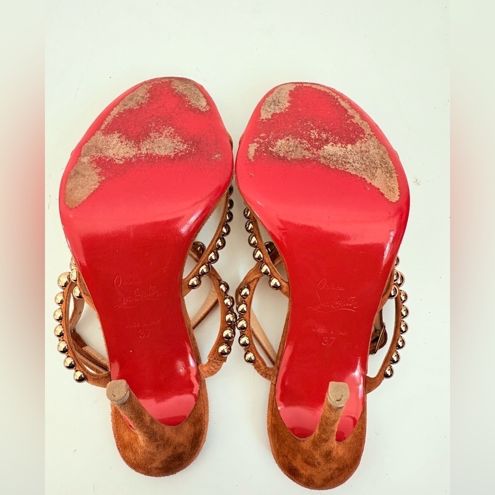 Christian Louboutin Galeria 100mm Cognac Suede studded Heels Sandals EU 37 - Picture 12 of 14